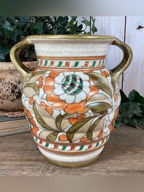 Charlotte Rhead Crown Ducal Pottery Twin Handled Vase Persian Rose Patte…